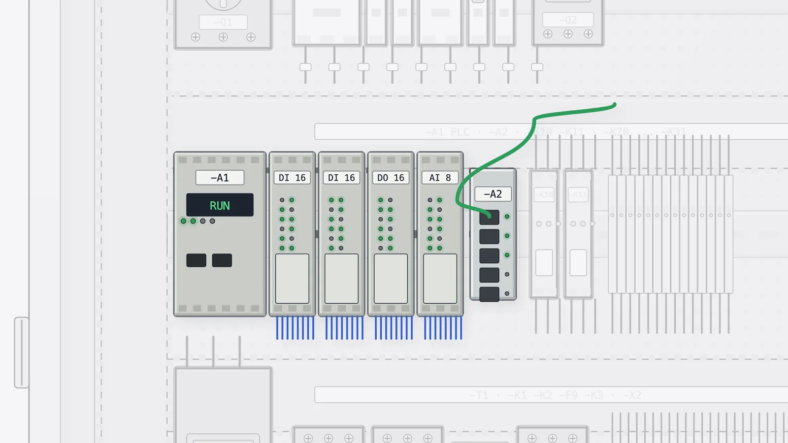 Disegno di un PLC modulare montato su guida in un quadro: la CPU, le schede di ingressi e uscite e lo switch, da cui parte un cavo di rete verde.