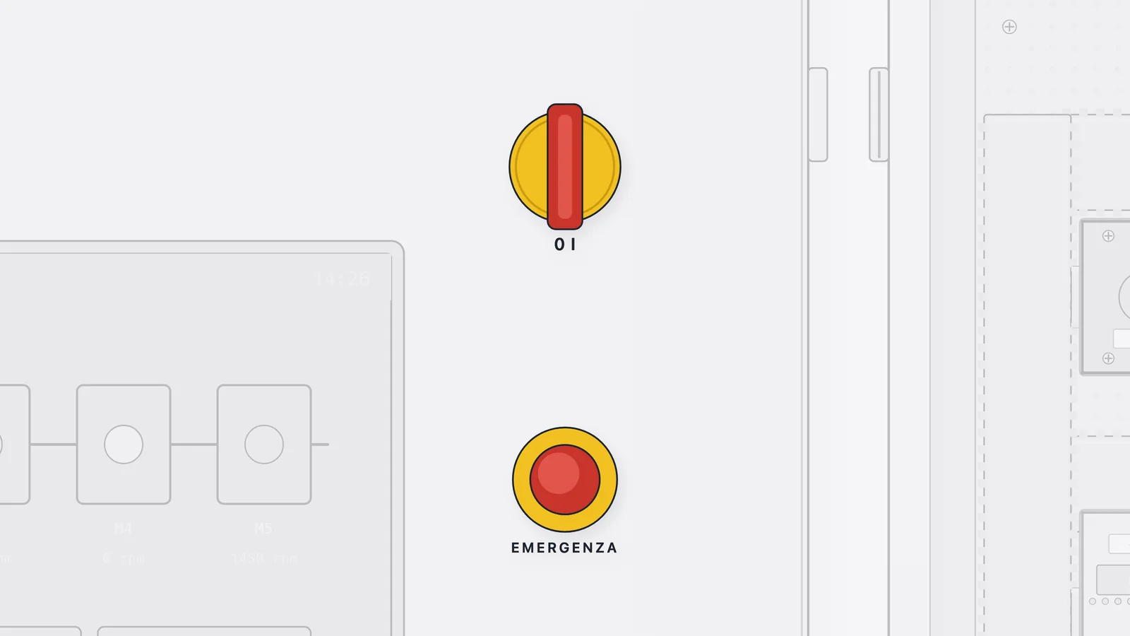 Disegno dell'interruttore generale giallo e rosso e del pulsante d'emergenza a fungo sull'anta del quadro.