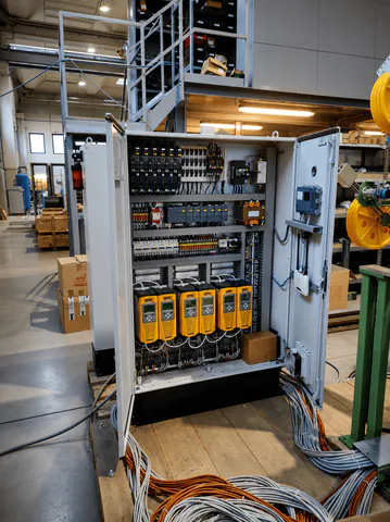 L’armoire, portes ouvertes&nbsp;: une rangée de variateurs jaunes en bas, des modules d’automate, des disjoncteurs, des porte-fusibles, un transformateur et les borniers&nbsp;; les faisceaux de câbles sortent par le bas vers la ligne, et sur la porte il y a un routeur industriel.
