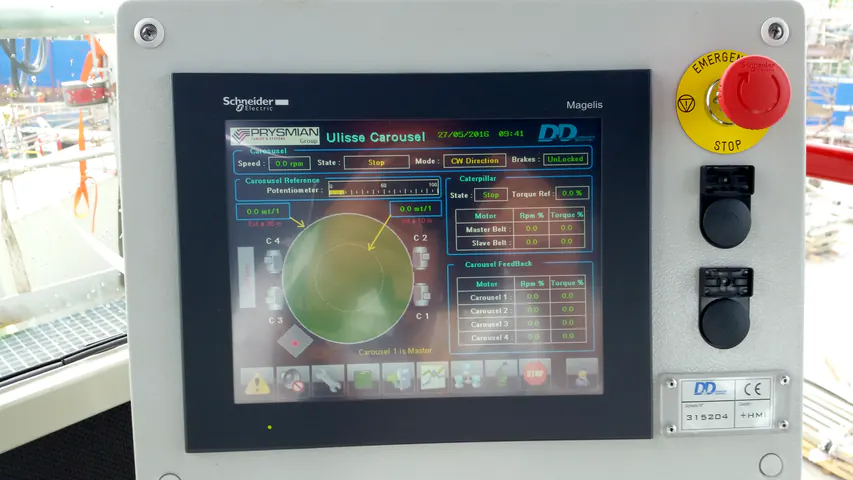 Il pannello operatore Schneider Magelis a bordo: la schermata Ulisse Carousel con i loghi Prysmian e D&D, il fungo d'emergenza e la targhetta D&D con schema 315204.