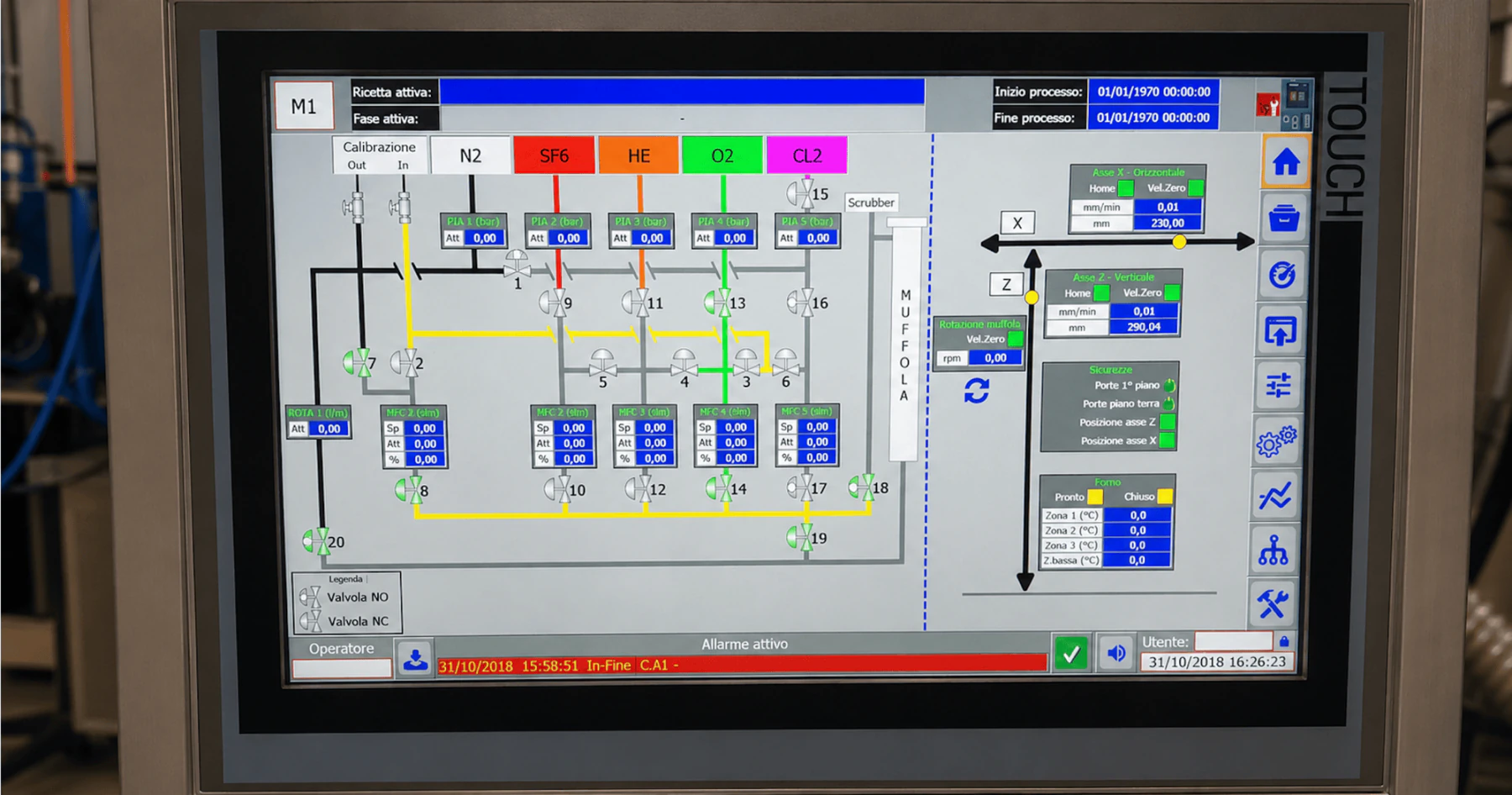 HMI screen for fiber-optic towers with recipes and process states
