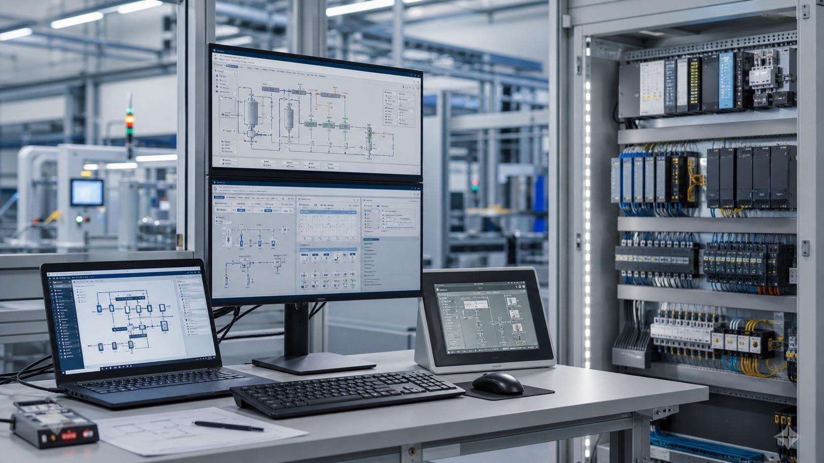 PLC, HMI and SCADA workstation with an industrial control panel.