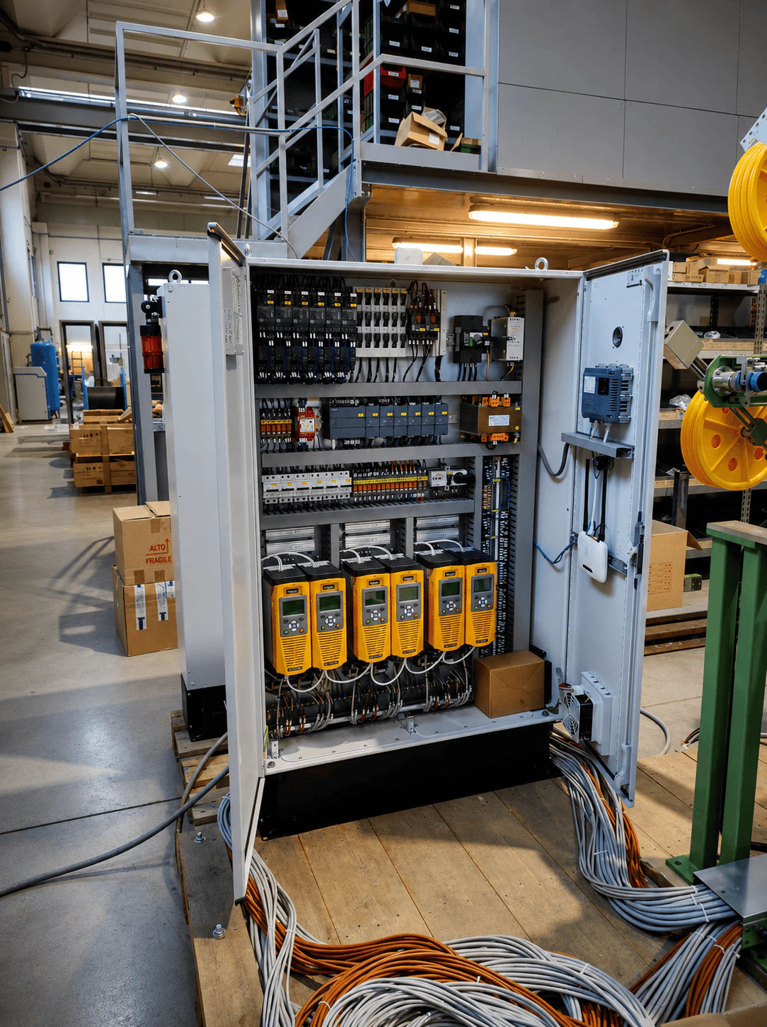 Wiring and labelling detail of a control panel.