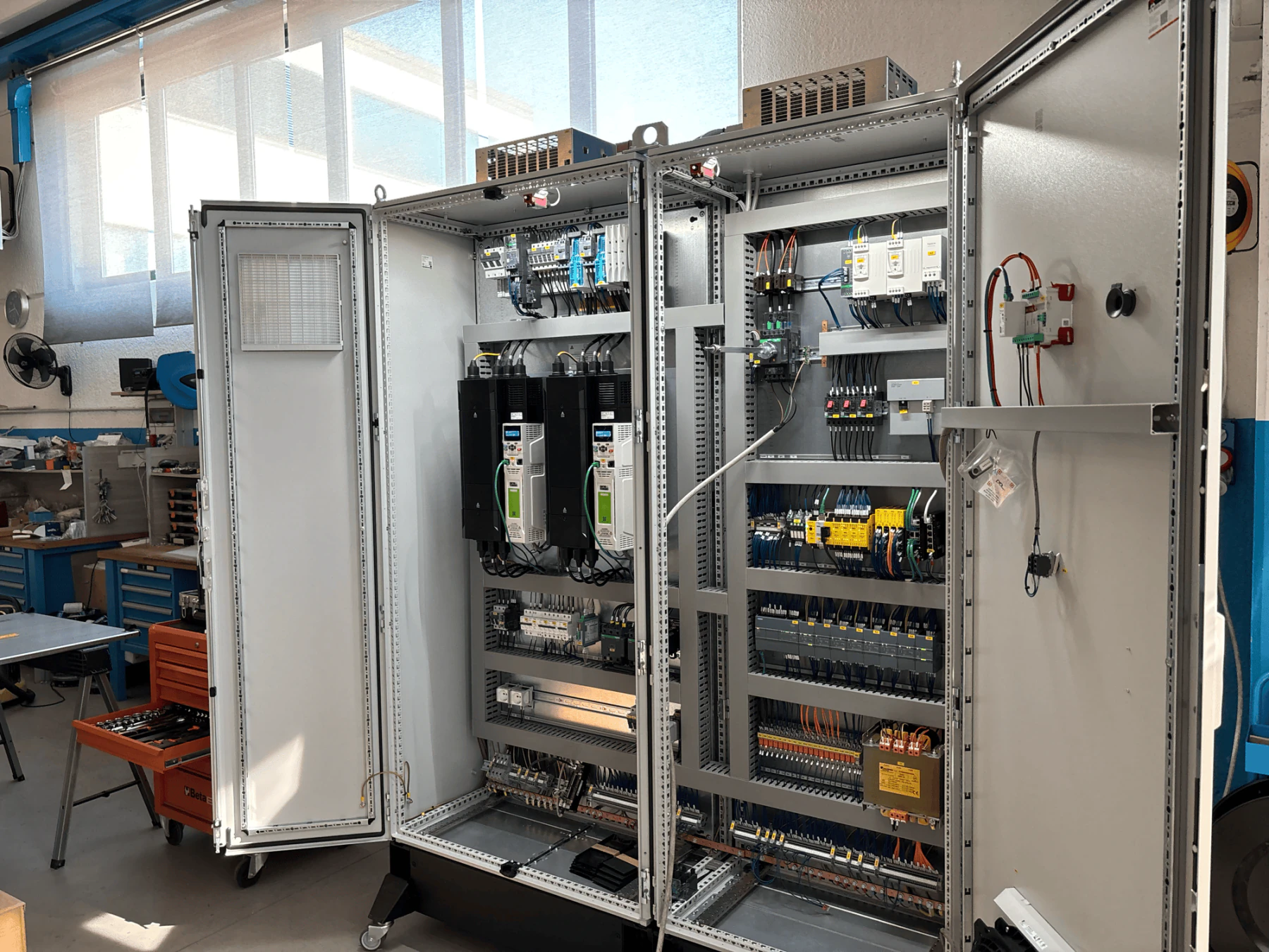 Open industrial control panel during an upgrade and revamping.