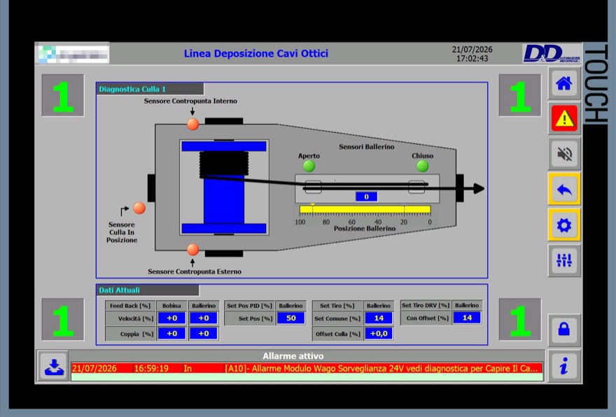 HMI screen of an optical-cable laying line developed by D&D Industrial Automation