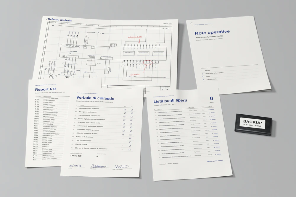 Ricostruzione 3D: sul banco il verbale di collaudo, il report I/O, la lista punti aperti chiusa, il disco del backup, le note operative e gli schemi as-built.