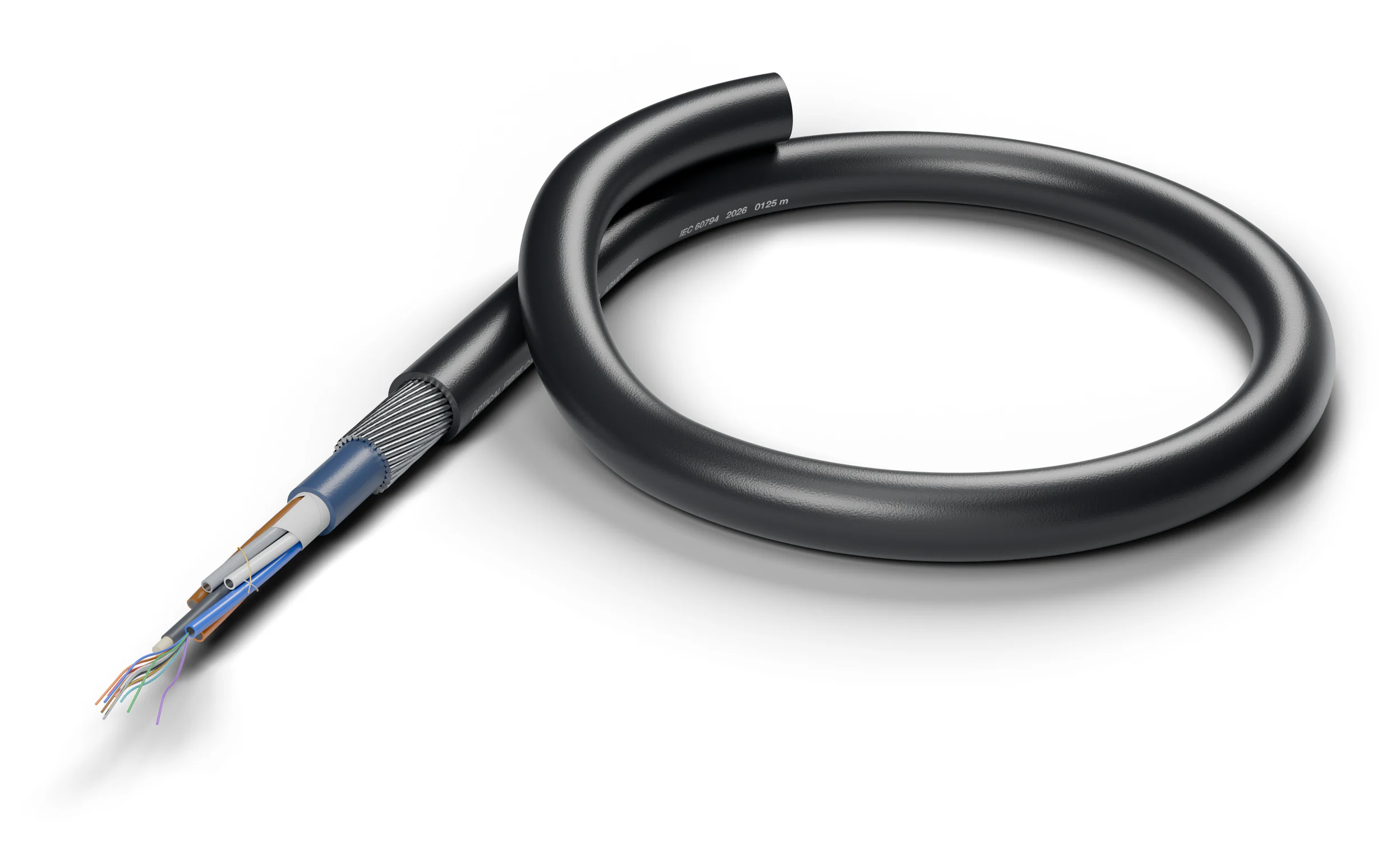 A coiled armored fiber-optic cable, opened in steps at one end: from the left, the colored fibers coming out of a tube, the tubes stranded around the fiberglass central member with the two binder yarns, the water-blocking tape, the blue inner sheath, the galvanized steel wire armor and the black outer sheath with its printed marking.