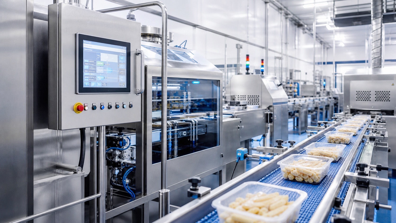 Automated food line with processing, conveyors and HMI supervision.