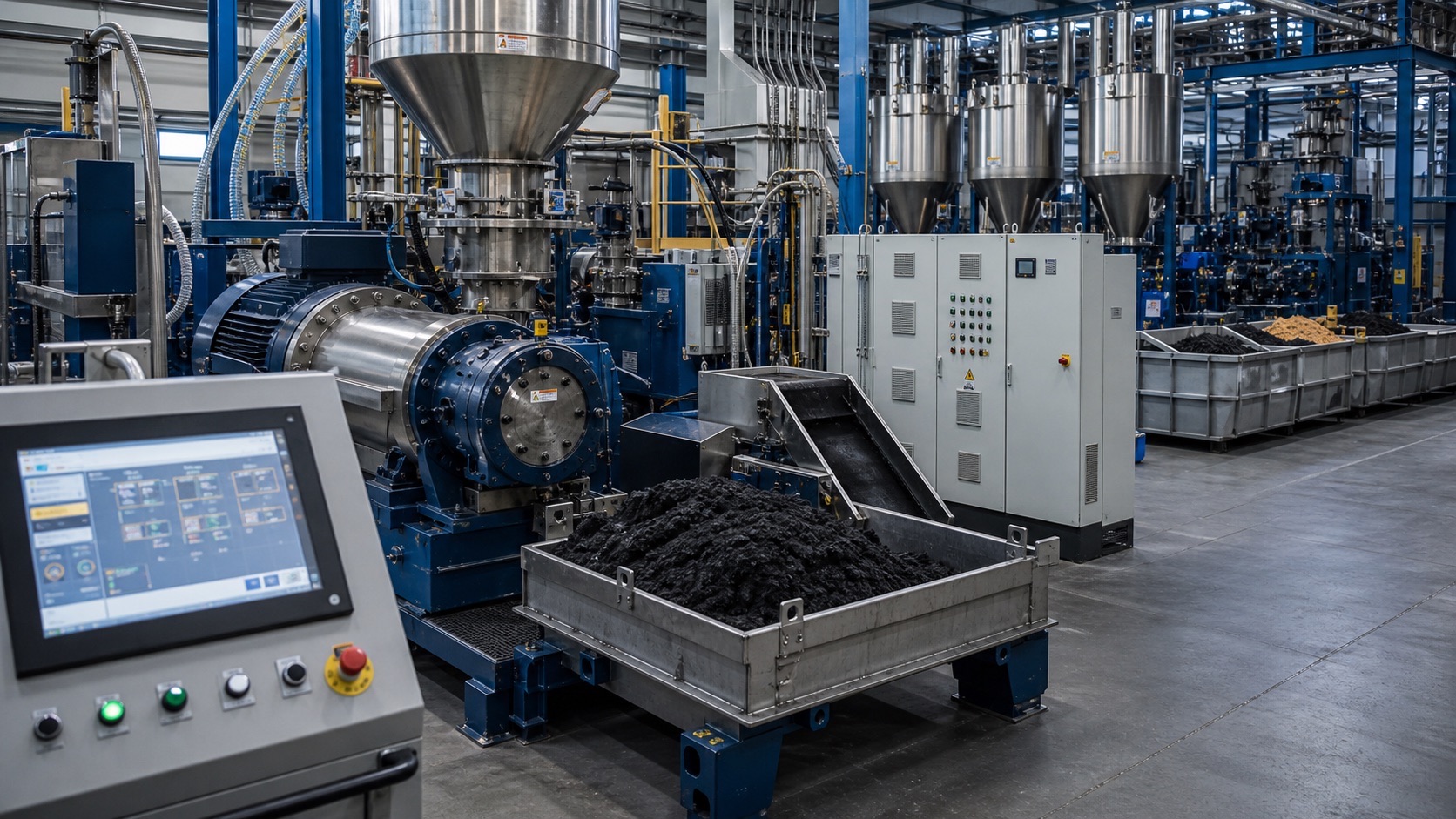 Rubber-compounding line with dosing, mixing and recipe supervision.