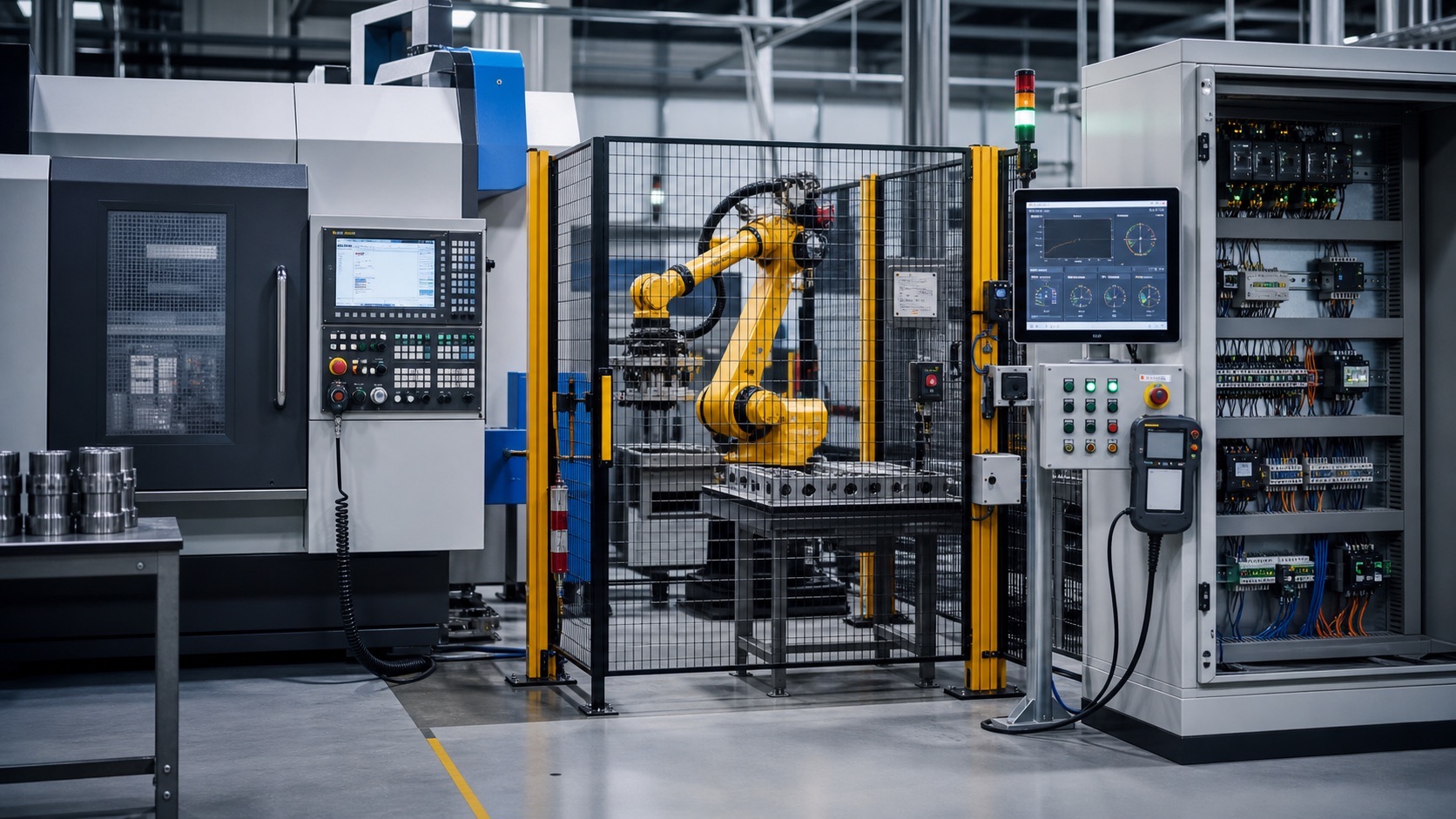 Automated metalworking cell with robot, safety and control panel.