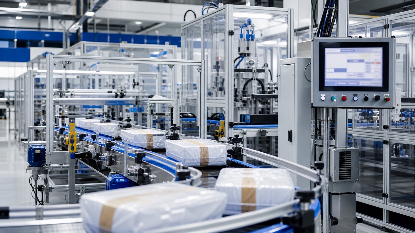 Automated packaging line with conveyors, sensors and an operator panel.