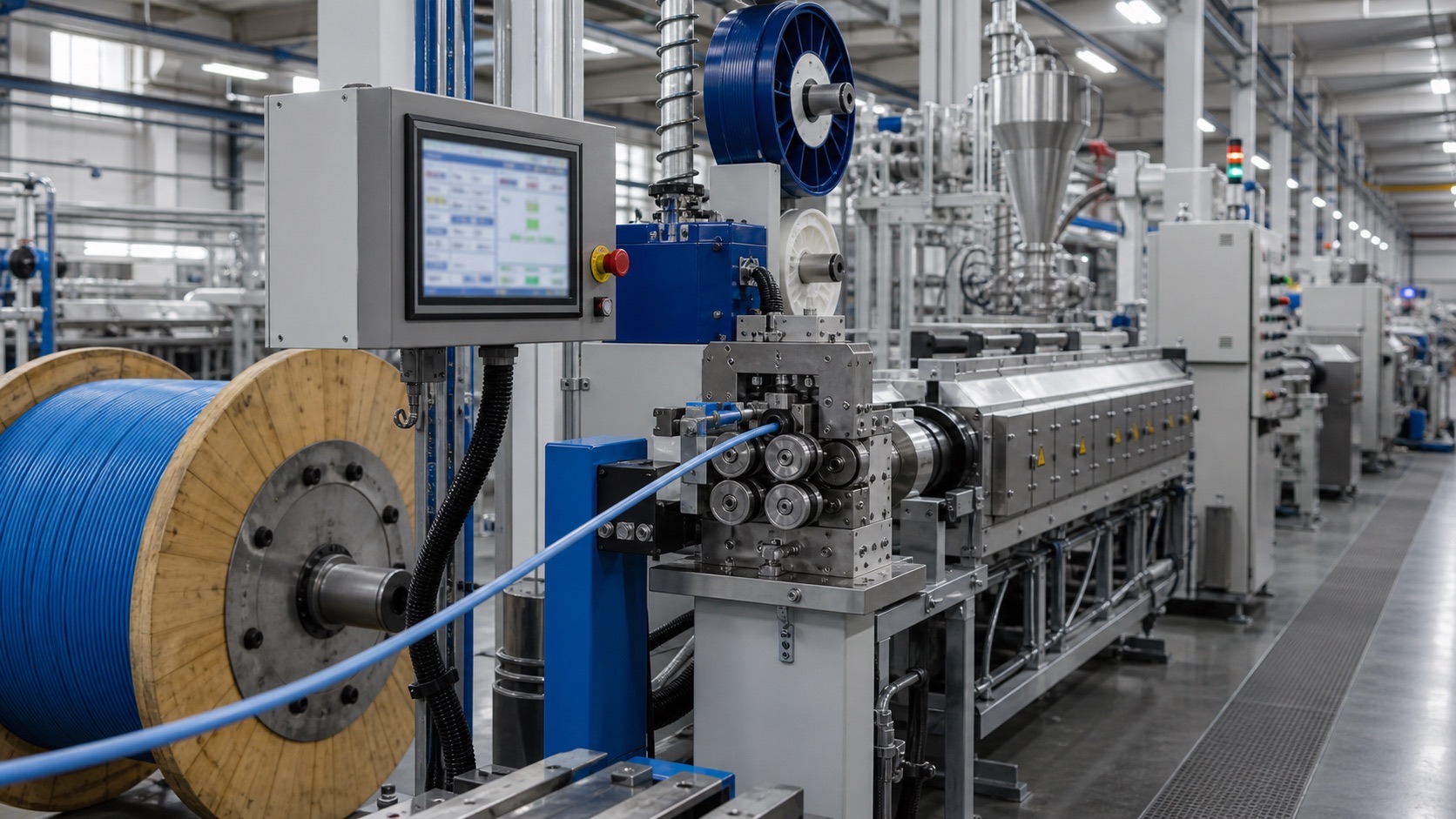 Automated cable-production line with reels, extrusion and HMI supervision.